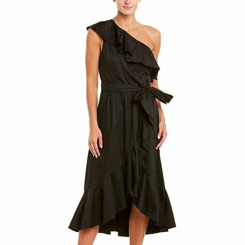 NWOT Adrianna Papell Black One Shoulder Tie Waist Ruffle High Low Hem Midi Dress